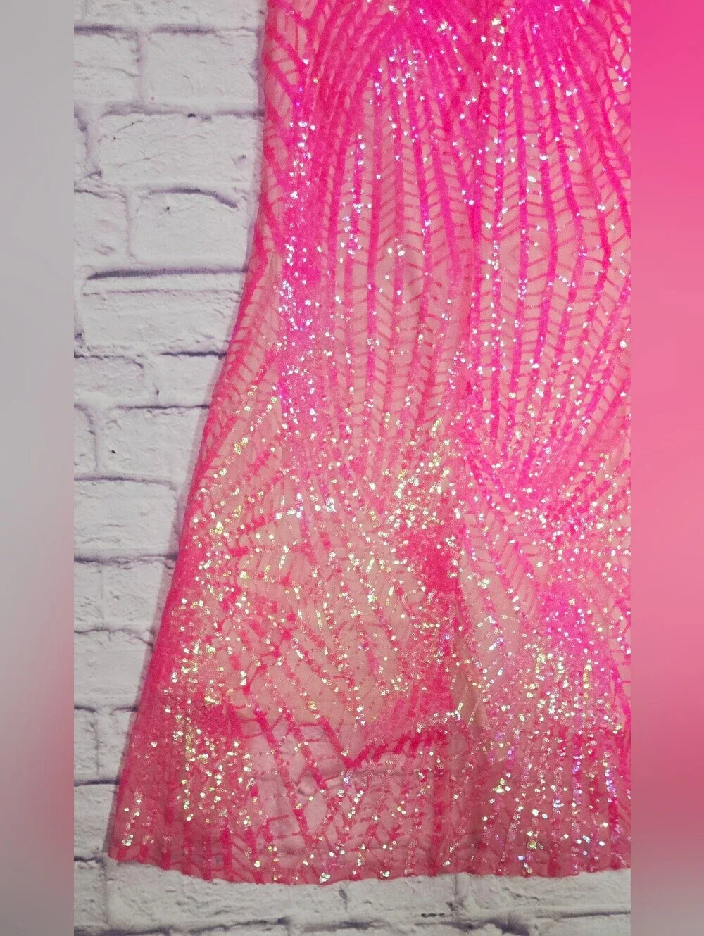 Neon Pink Sequin Two Piece Formal Set One Shoulder Crop Top Maxi Skirt